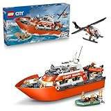 LEGO City Rettungsboot der Küstenwache mit Hubschrauber - Spielzeug Einsatzfahrzeug - Set mit schwimmendem Schiff, 5 Minifiguren und Hundefigur - Geburtstagsgeschenk für Jungen ab 7 Jahren - 60504