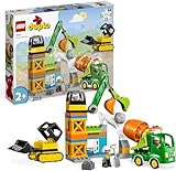 LEGO DUPLO Baustelle mit Baufahrzeugen, Kran, Bulldozer und Betonmischer-Spielzeug für 2-jährige Jungen und Mädchen mit großen Steinen 10990