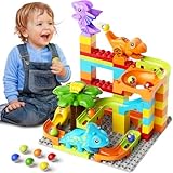 burgkidz Murmelbahn Bauklötze Dinosaurier Set, 78-teiliges Interaktive Kugelbahnen Labyrinth Spiel Kompatibel Konstruktionsspielzeug, STEM Pädagogisches Geschenk für Kinder Alter von 3+ Jahren